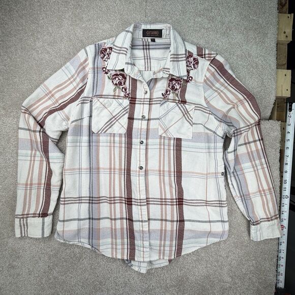 Shayanne Tops - Shayanne high low button down long sleeves embroidered floral plaid blouse sz L